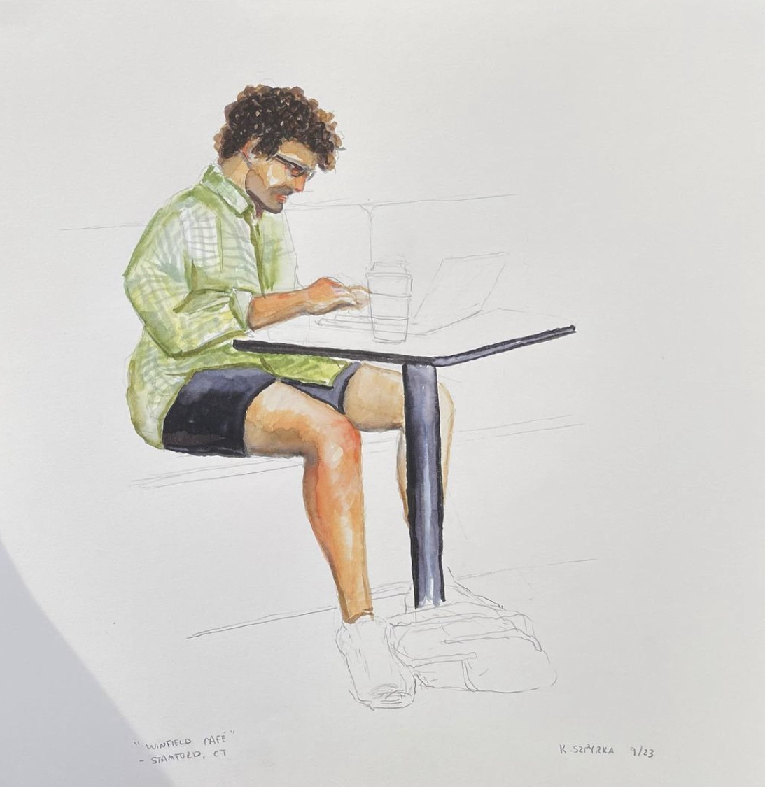 Watercolor portrait of Justo Karell working at a café table